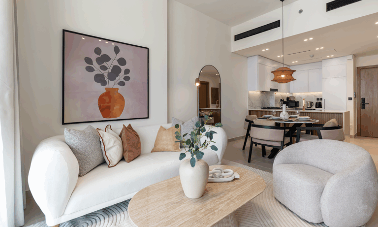 Eco-conscious Dubai interior with recycled rugs, low-VOC finishes, and sustainable furnishings