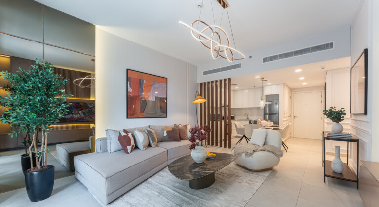 Modern, cohesive furnished living room in Dubai rental | Desighaus Collection