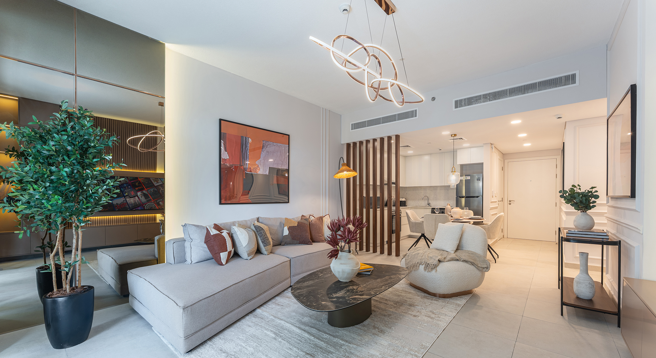 Modern, cohesive furnished living room in Dubai rental | Desighaus Collection