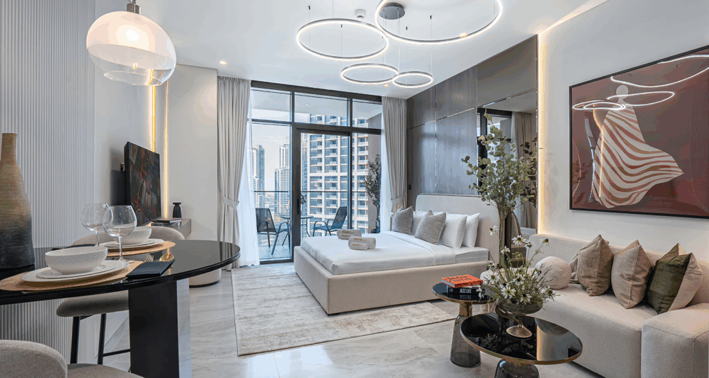 Newly furnished Dubai living space transformed from shell and core, featuring modern furniture and neutral tones