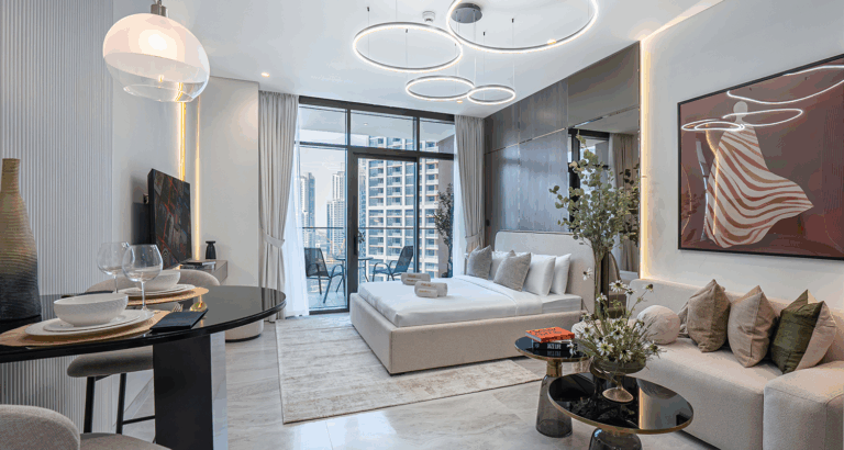 Newly furnished Dubai living space transformed from shell and core, featuring modern furniture and neutral tones