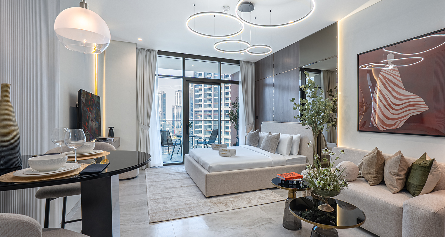 Newly furnished Dubai living space transformed from shell and core, featuring modern furniture and neutral tones